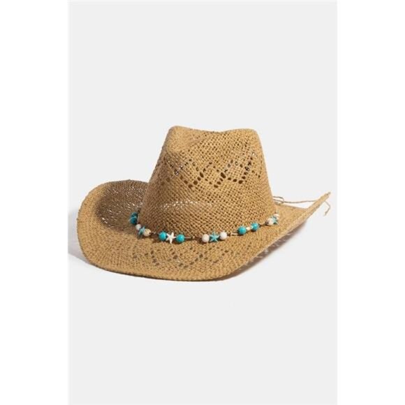 ✨NWT Fame Turquoise‎ and Shell Star Beads Strap Western Straw Hat - Picture 1 of 6